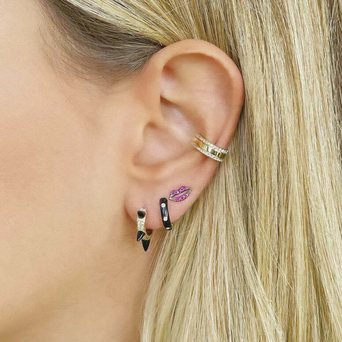 14K Gold Ruby Accented Lips Button Earrings