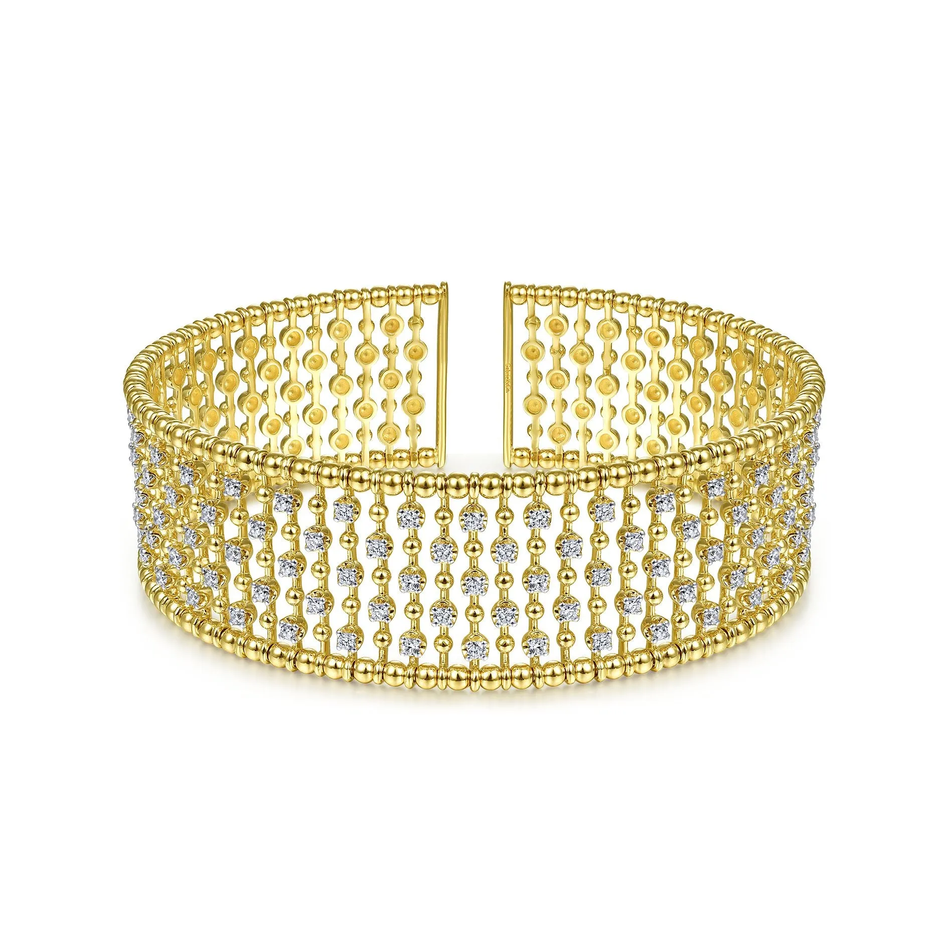14K Yellow Gold Diamond Beaded Wide Open Bangle