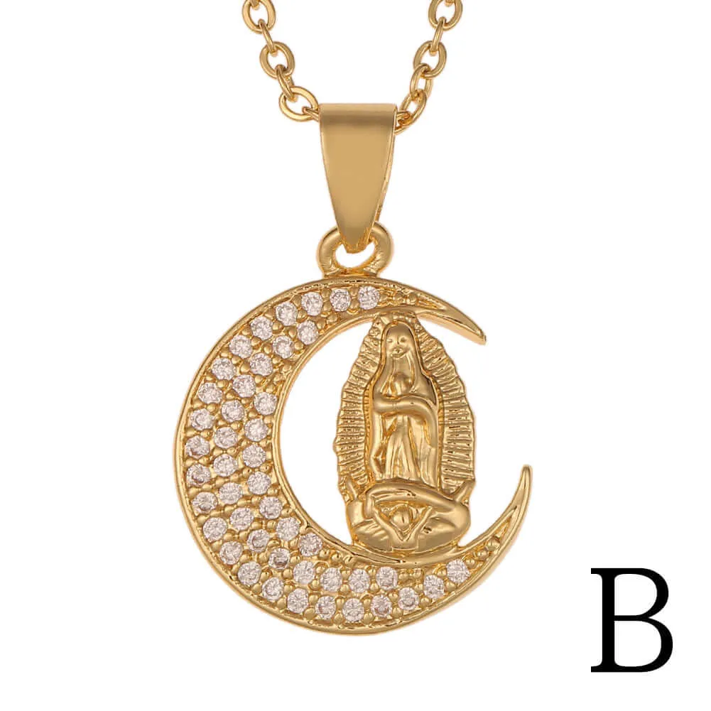 18K Gold Plated Virgin Mary Religious Sun Moon Virgencita Necklace