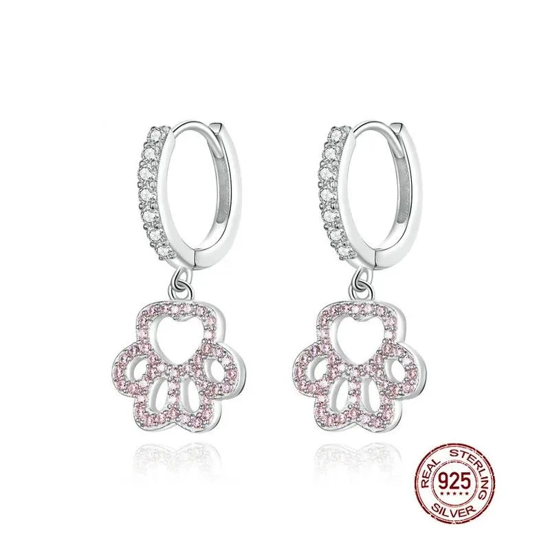 925 Sterling Silver CZ Paw Pink CZ Drop Earrings