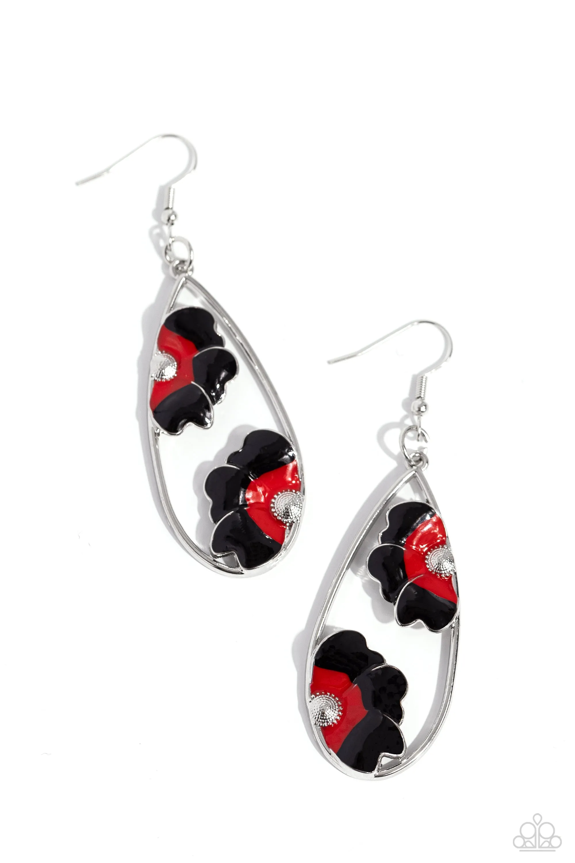 Airily Abloom - Black - and Red Flower Silver Teardrop Paparazzi Fishhook Earrings