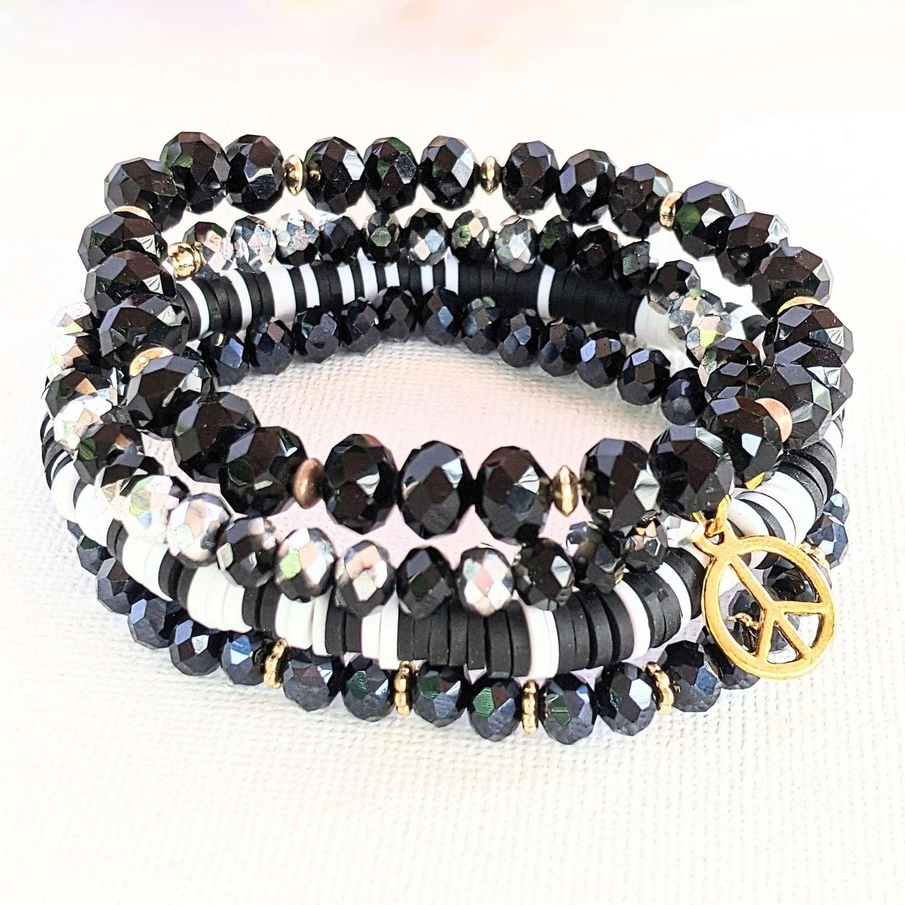 Black Crystal Peace Sign Stretch Bracelet Stack