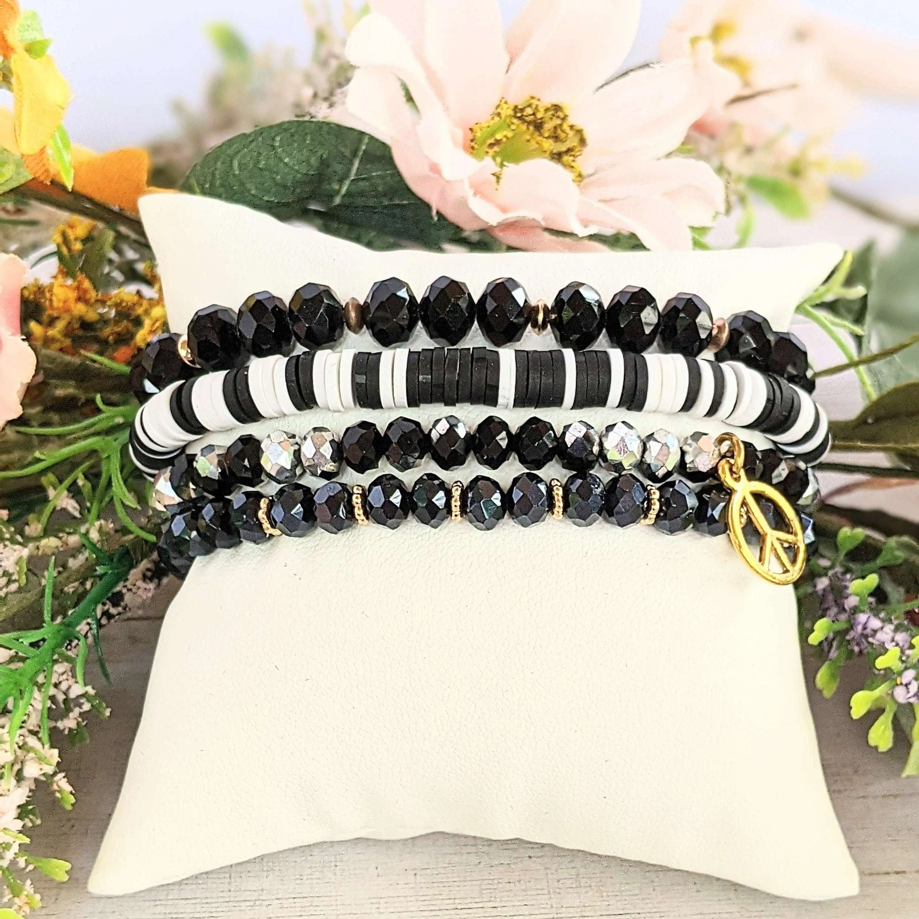 Black Crystal Peace Sign Stretch Bracelet Stack