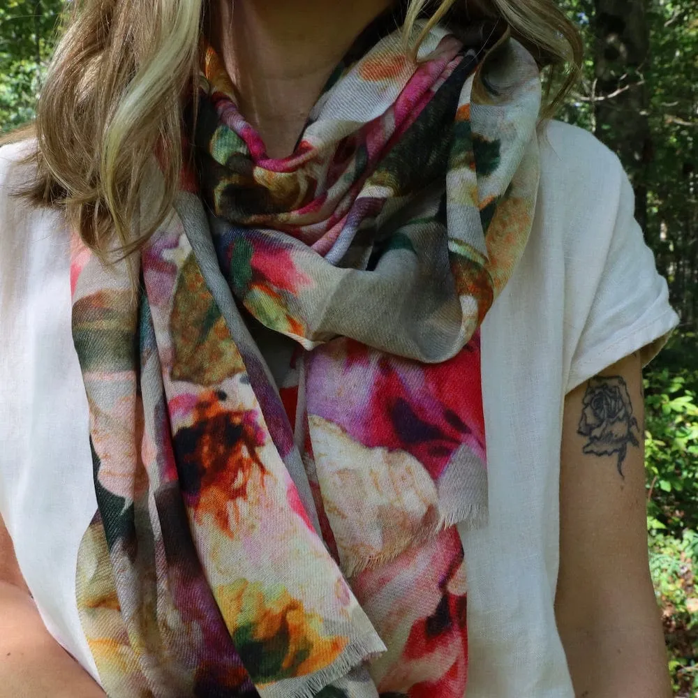 Bloom Wool Modal Scarf - Grey-Pink Floral