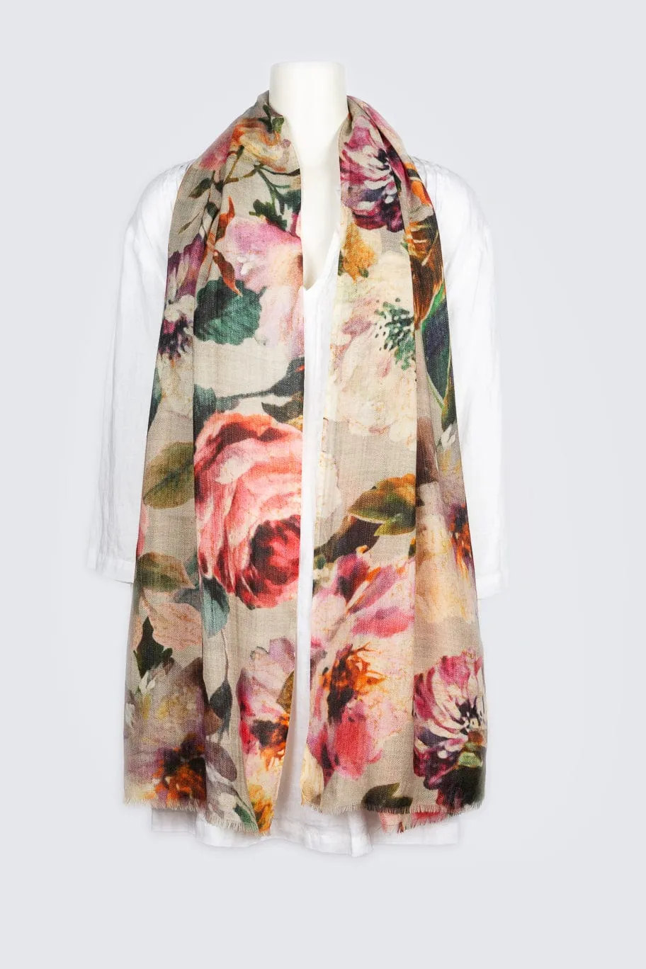 Bloom Wool Modal Scarf - Grey-Pink Floral