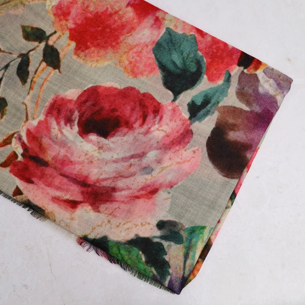 Bloom Wool Modal Scarf - Grey-Pink Floral