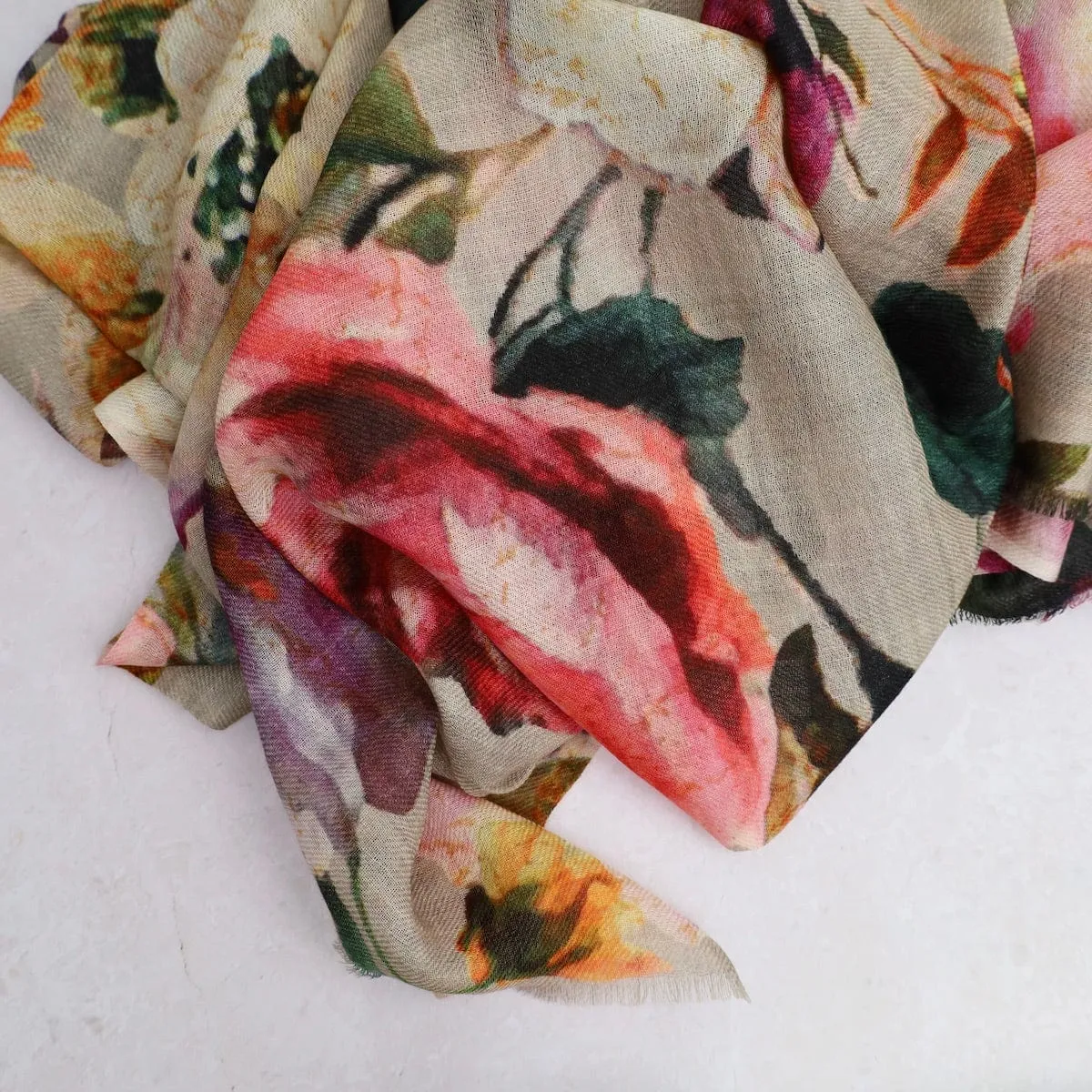 Bloom Wool Modal Scarf - Grey-Pink Floral