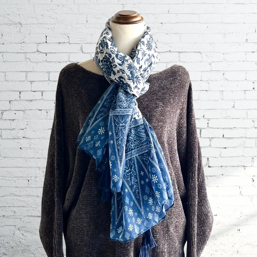 Blue White Scarf - Boho Style Tassel