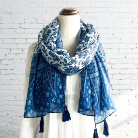 Blue White Scarf - Boho Style Tassel