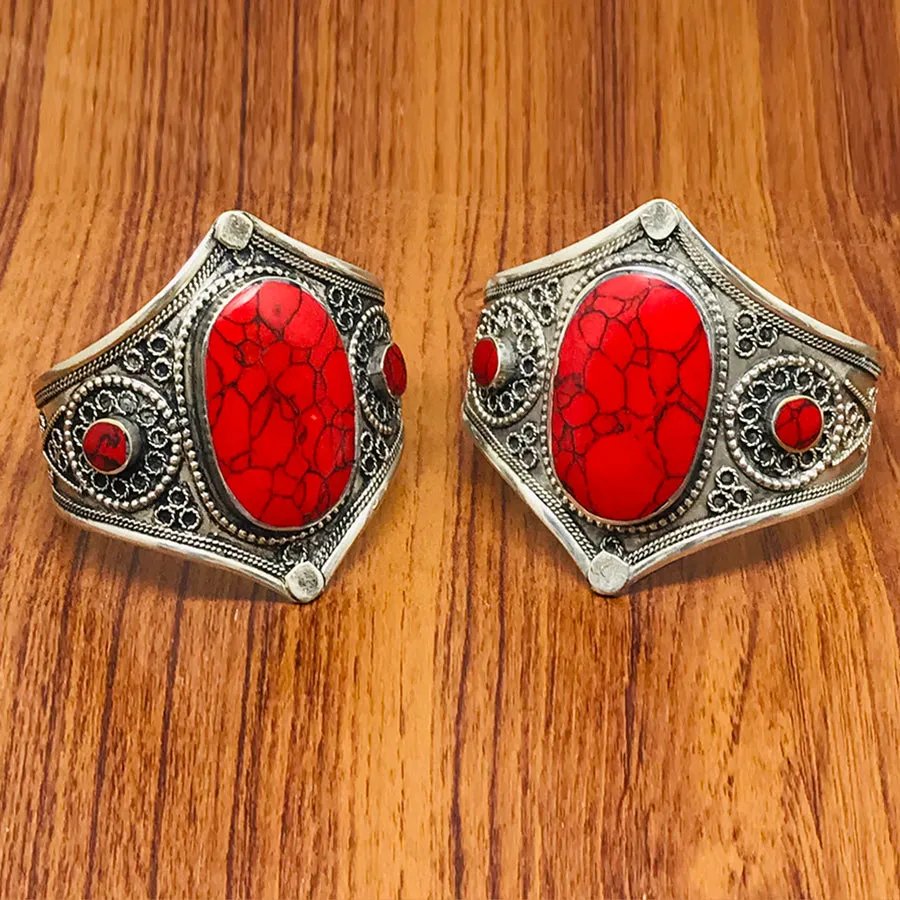 Boho Adjustable Red Coral Stones Cuff Bracelet