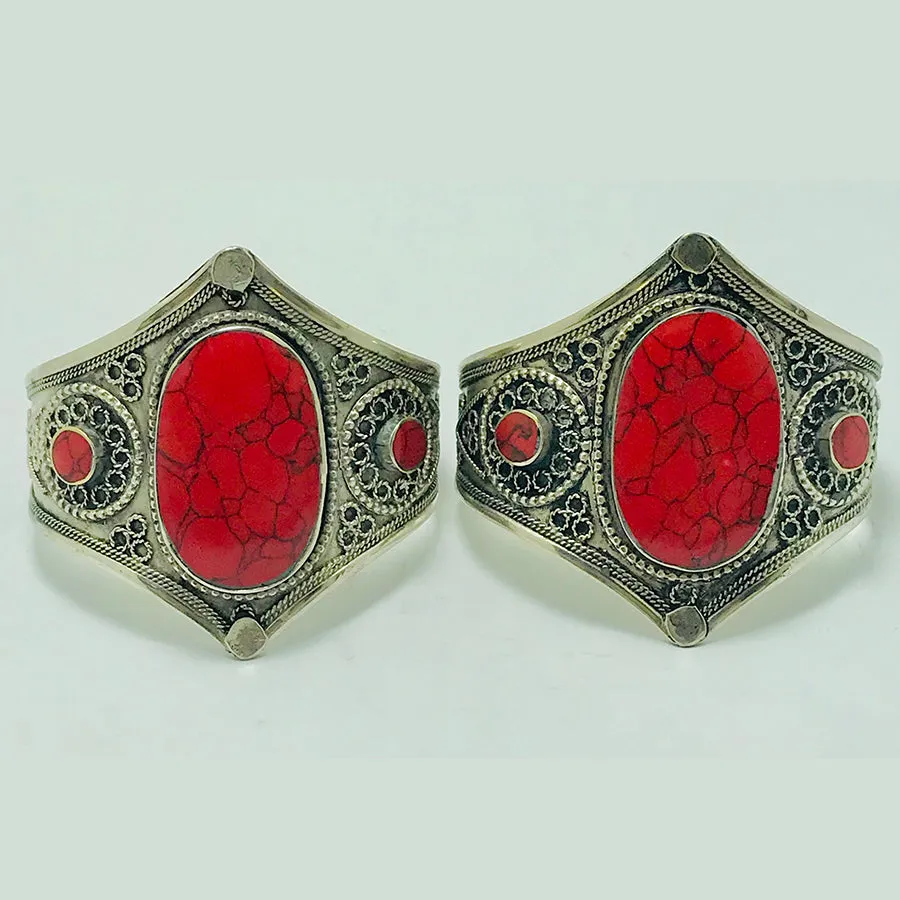 Boho Adjustable Red Coral Stones Cuff Bracelet
