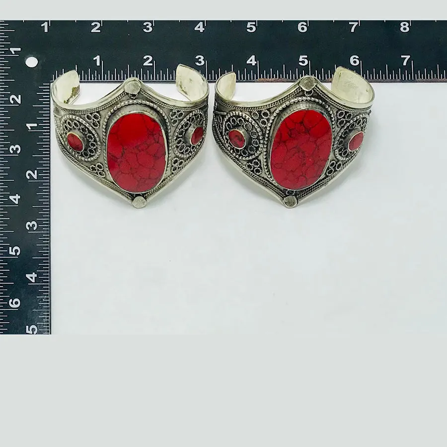 Boho Adjustable Red Coral Stones Cuff Bracelet