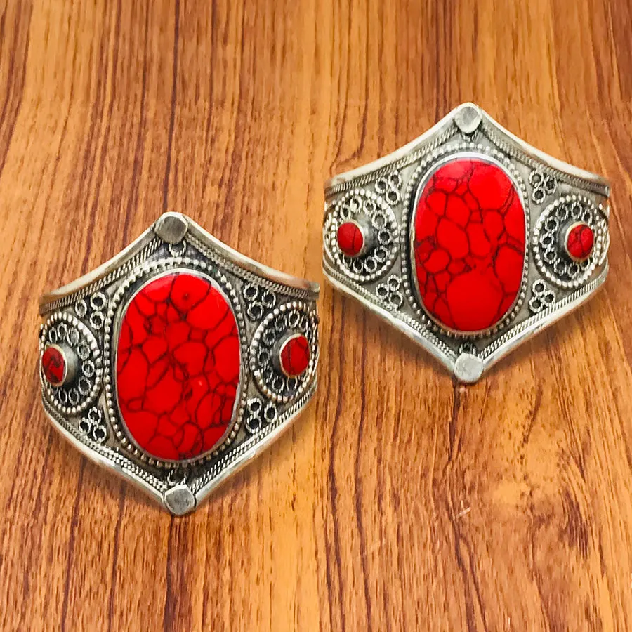 Boho Adjustable Red Coral Stones Cuff Bracelet