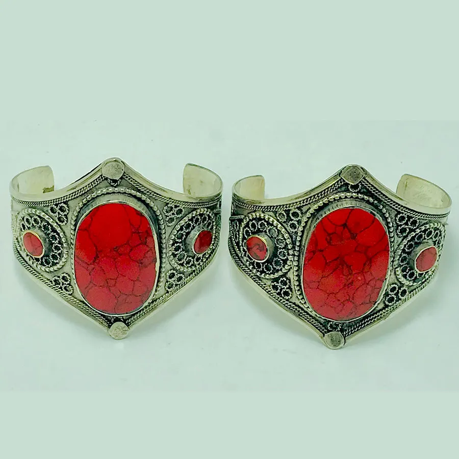 Boho Adjustable Red Coral Stones Cuff Bracelet