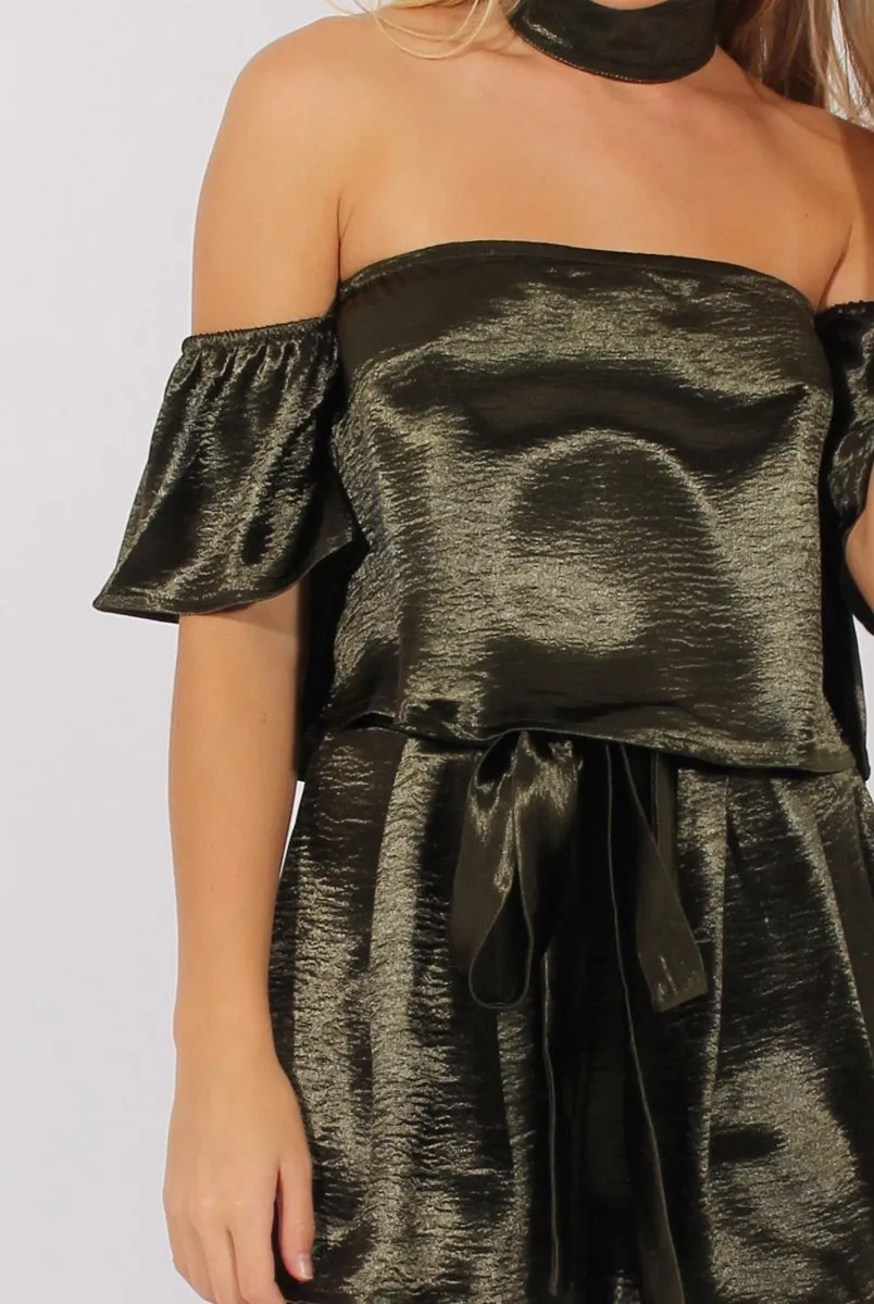 Dark Green Silk Choker Bardot Co-ord - Cari