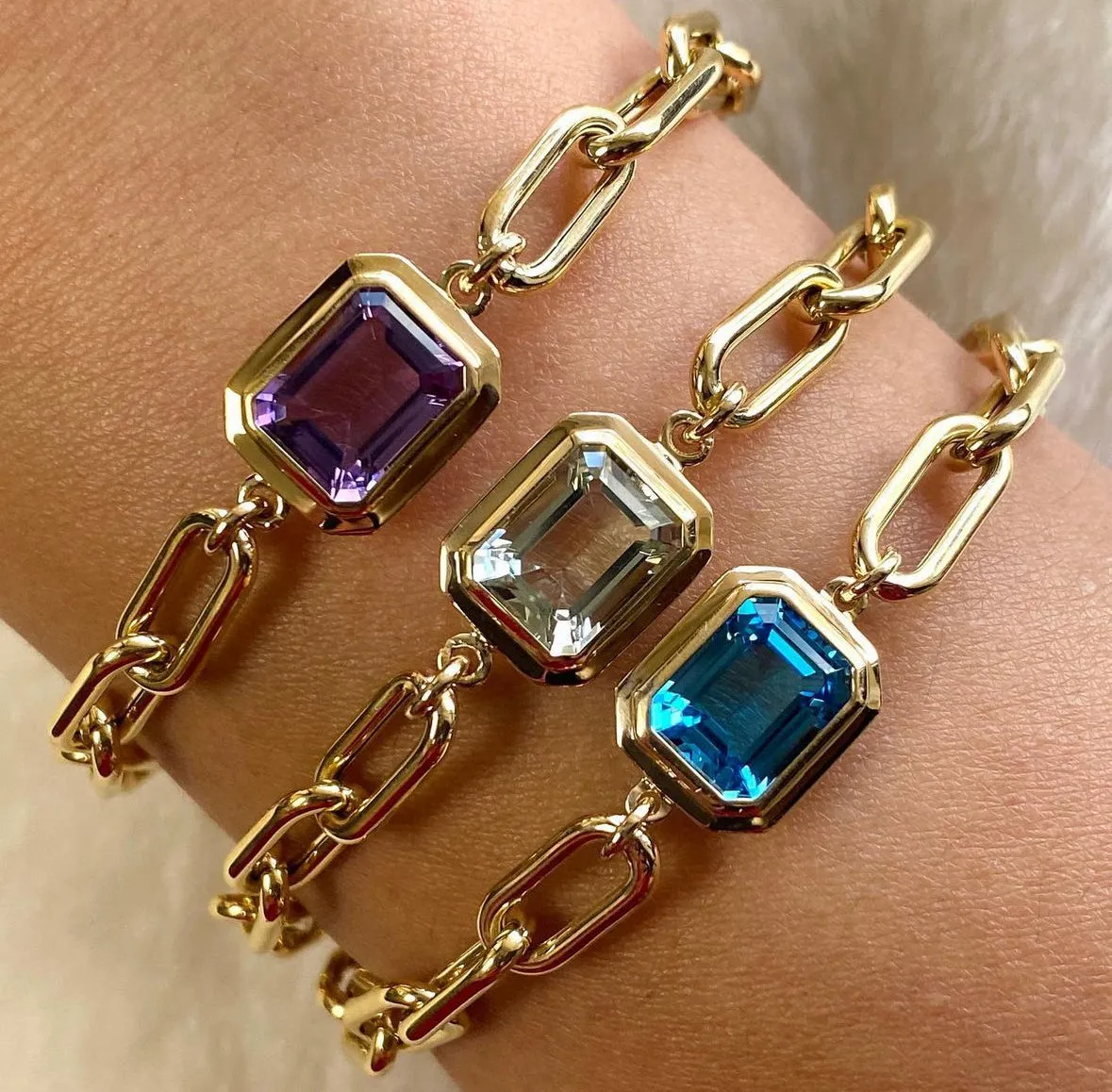 Emerald-Cut Bezel Stone Link Bracelet