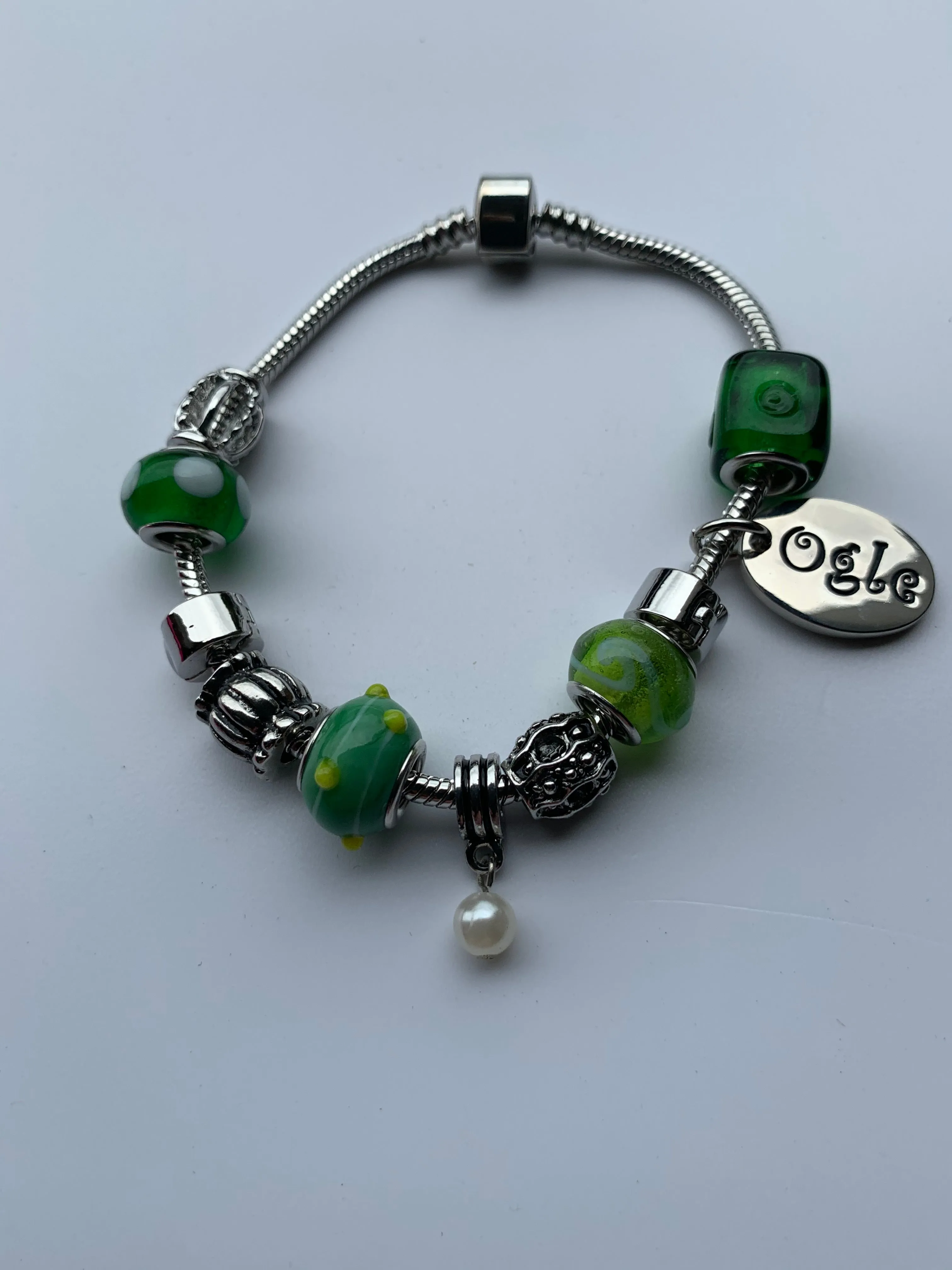 Emerald Green Charm Bead Bracelet, Modern Day Design by Culzean Ogle (02) Personalised Engraved