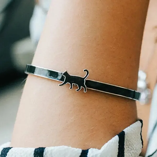 Enameled Silver Cat Bangle Bracelet