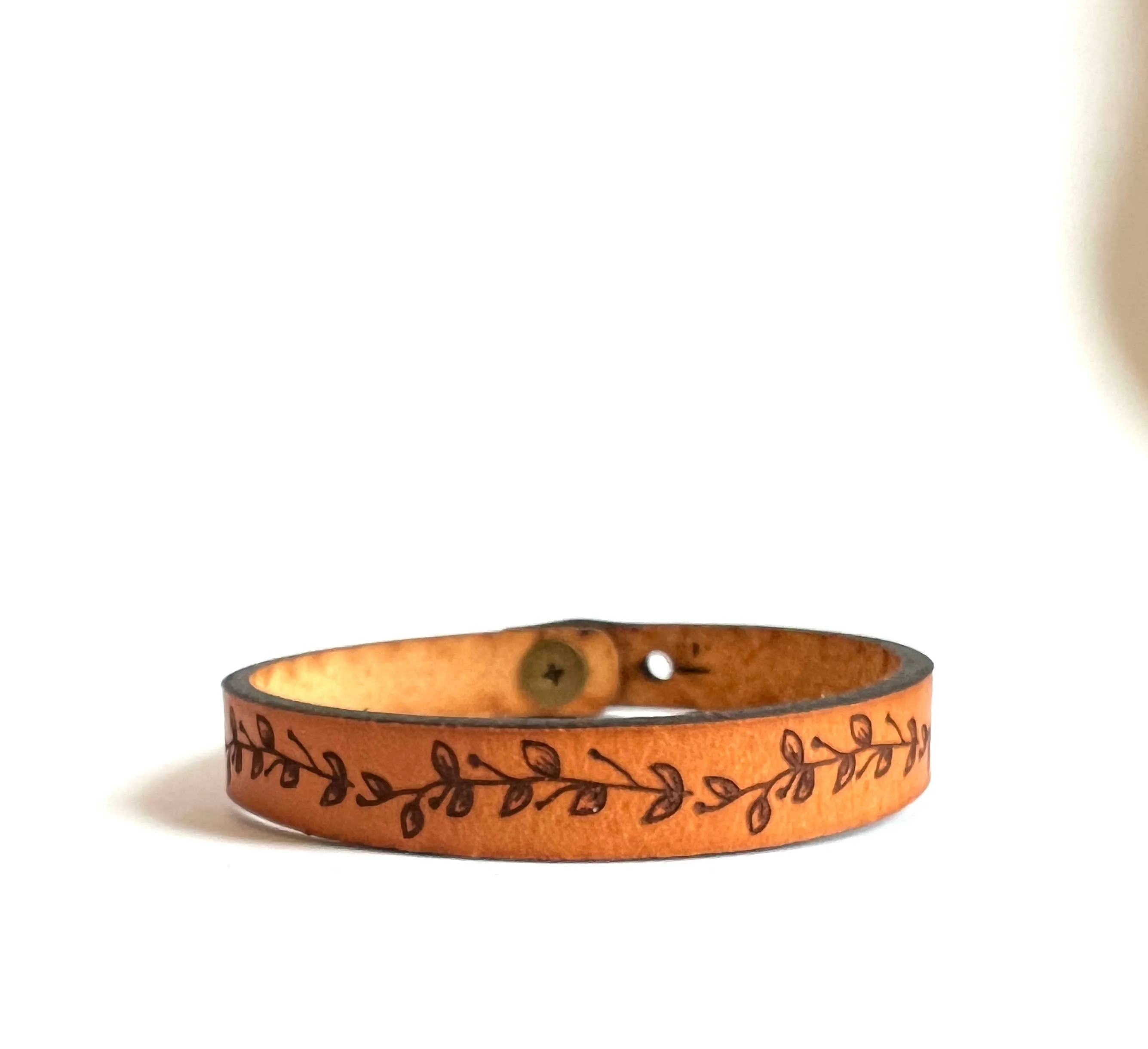 Floral Engraved Thin Leather Bracelet