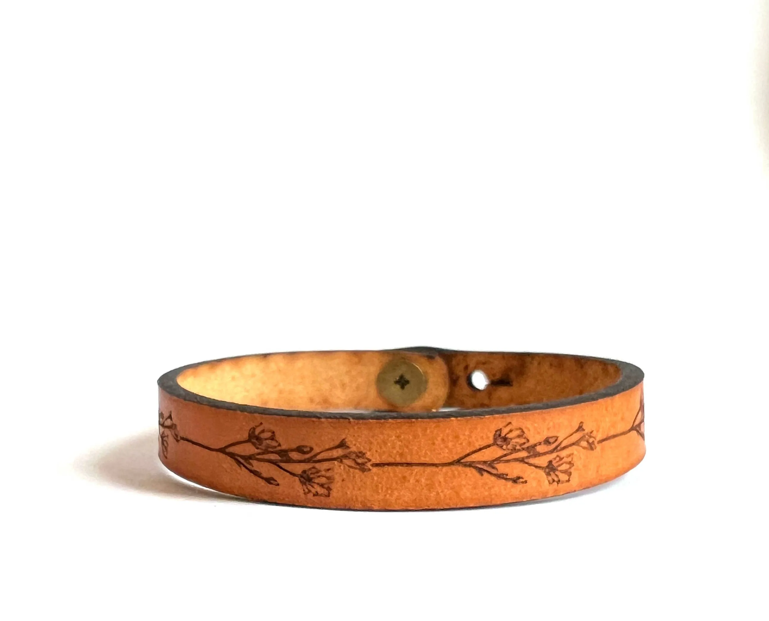 Floral Engraved Thin Leather Bracelet