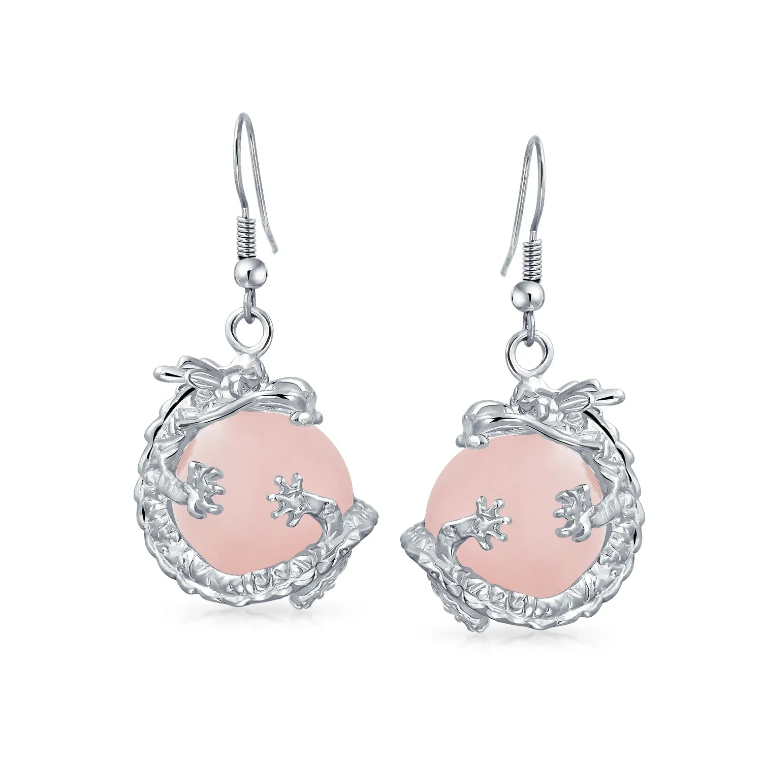 Gemstone Large Statement Round Ball Orb Dragon Dangle Earrings Silver Plated