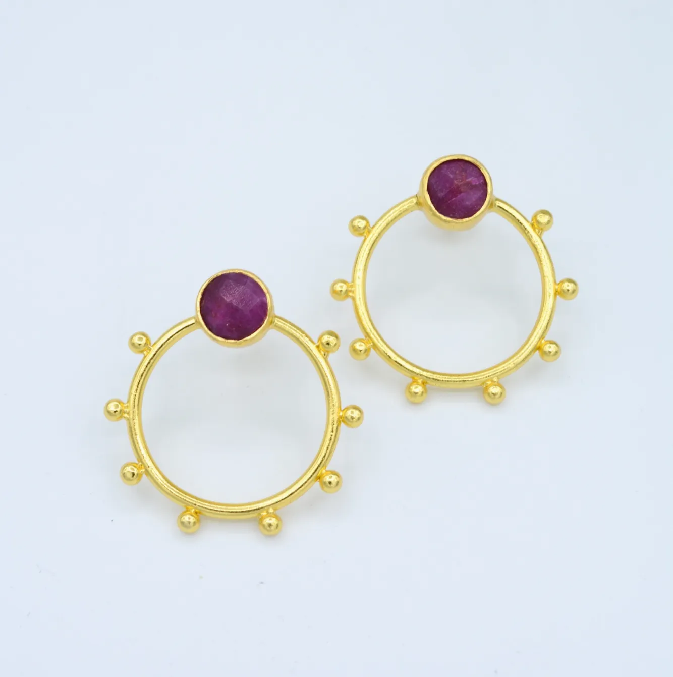 Gold Ruby Sphere Earrings