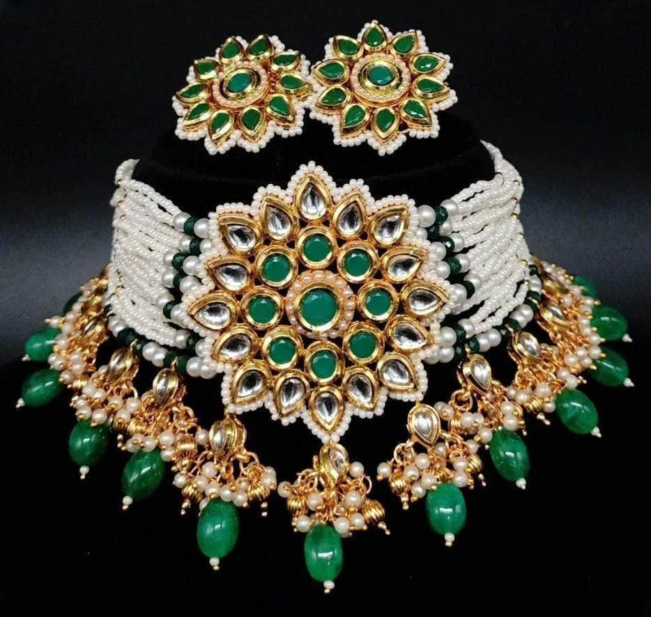 Kundan Pendant Moti Choker And Earring Set