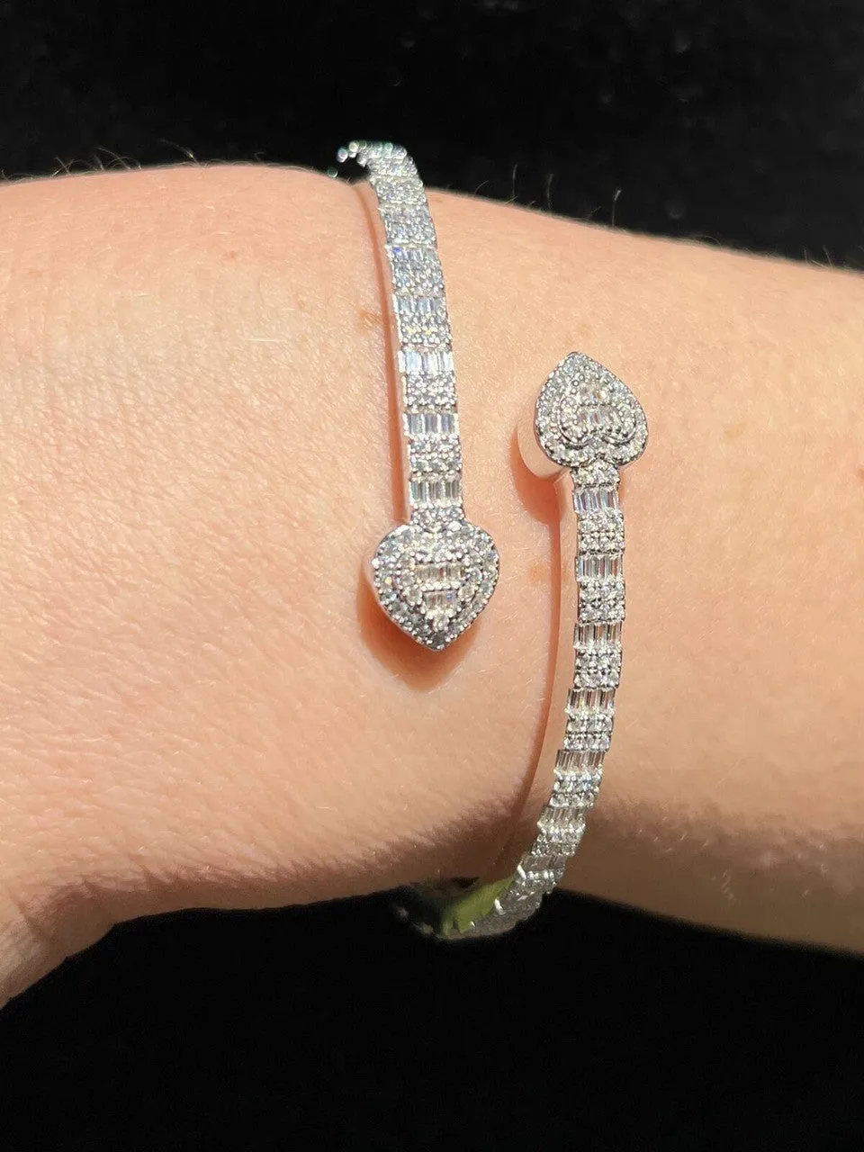 Moissanite Bangle Bracelet Heart Baguette 925 Silver