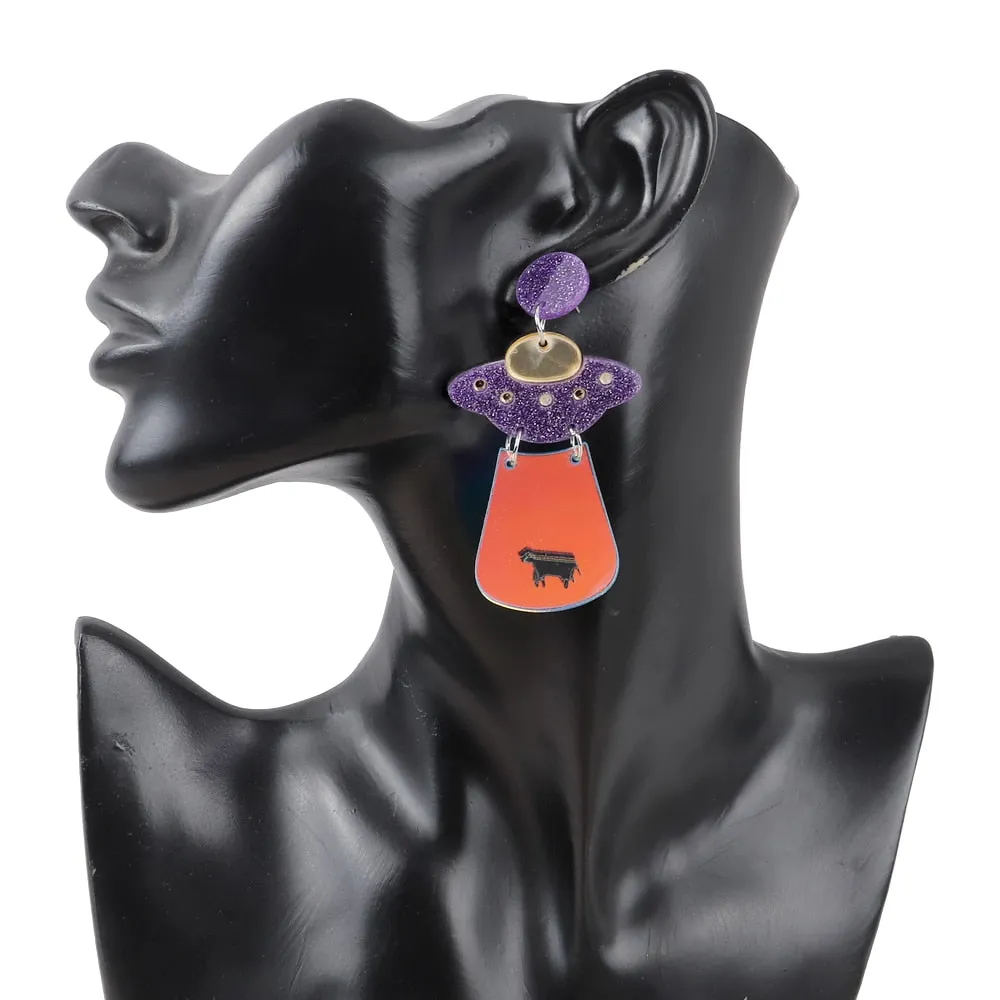 Neon Alien Spaceship Earrings