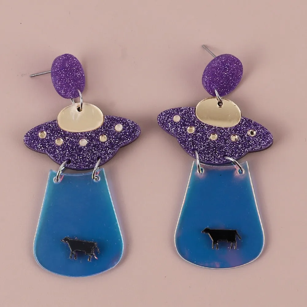 Neon Alien Spaceship Earrings