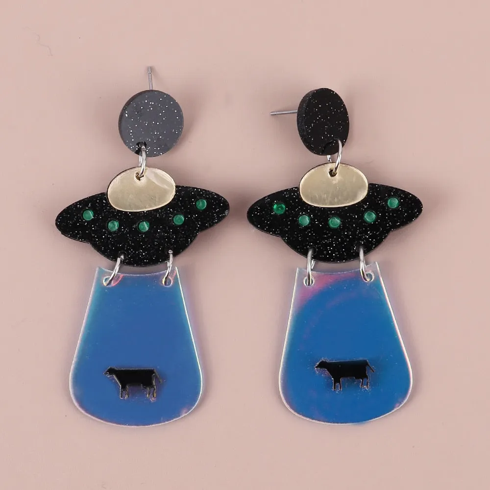 Neon Alien Spaceship Earrings