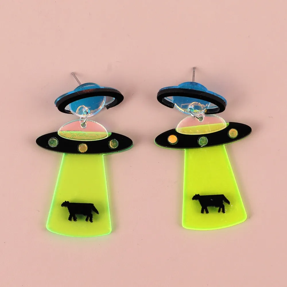Neon Alien Spaceship Earrings