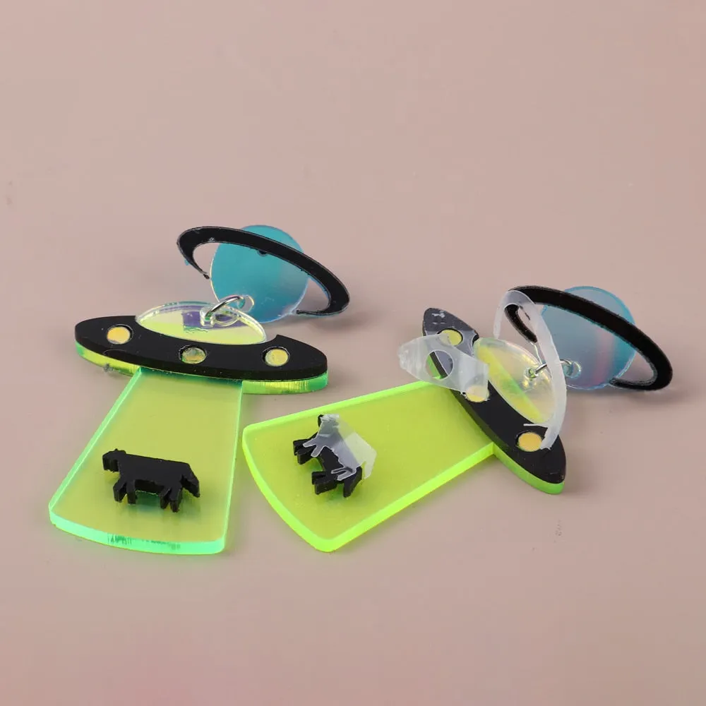 Neon Alien Spaceship Earrings
