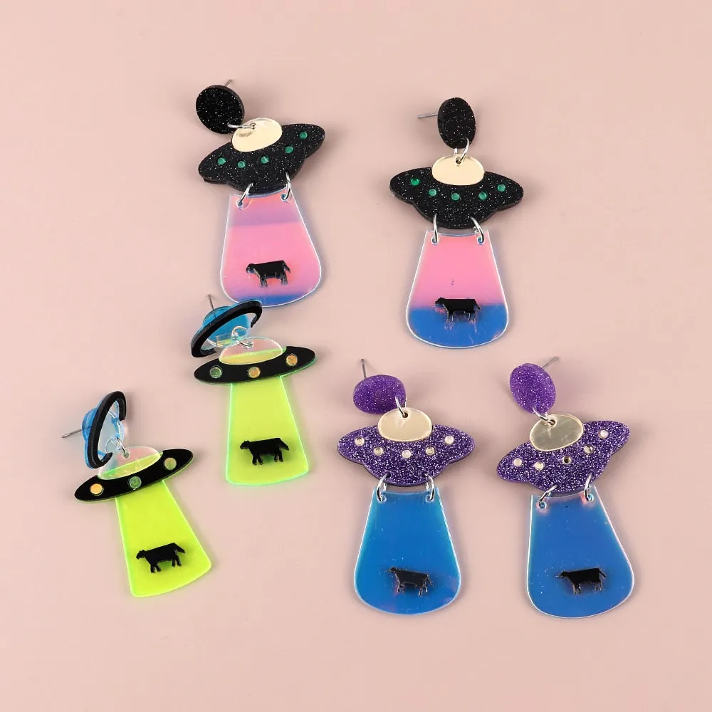 Neon Alien Spaceship Earrings