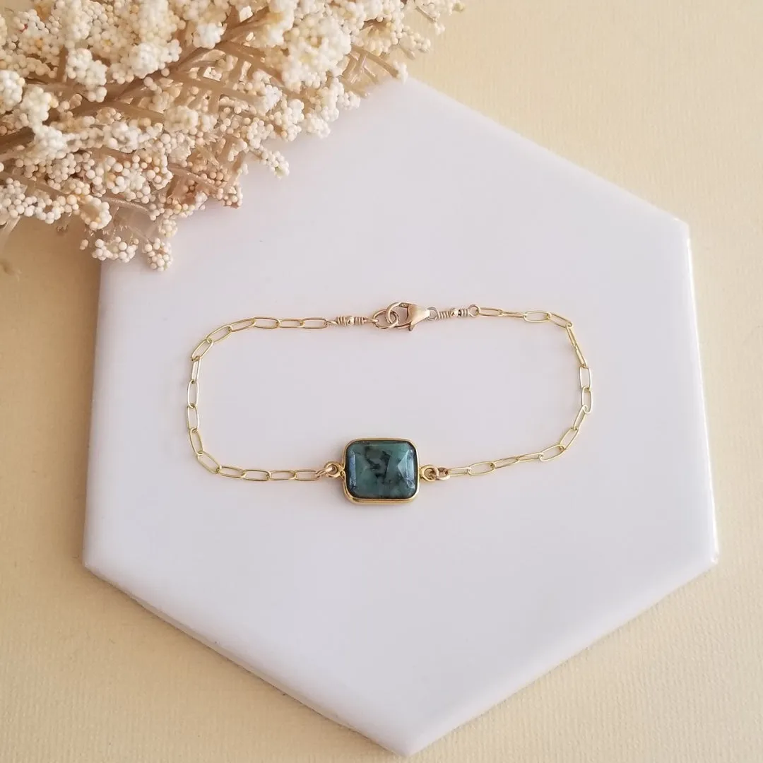 Raw Emerald Bracelet, Gold Paperclip Chain Bracelet