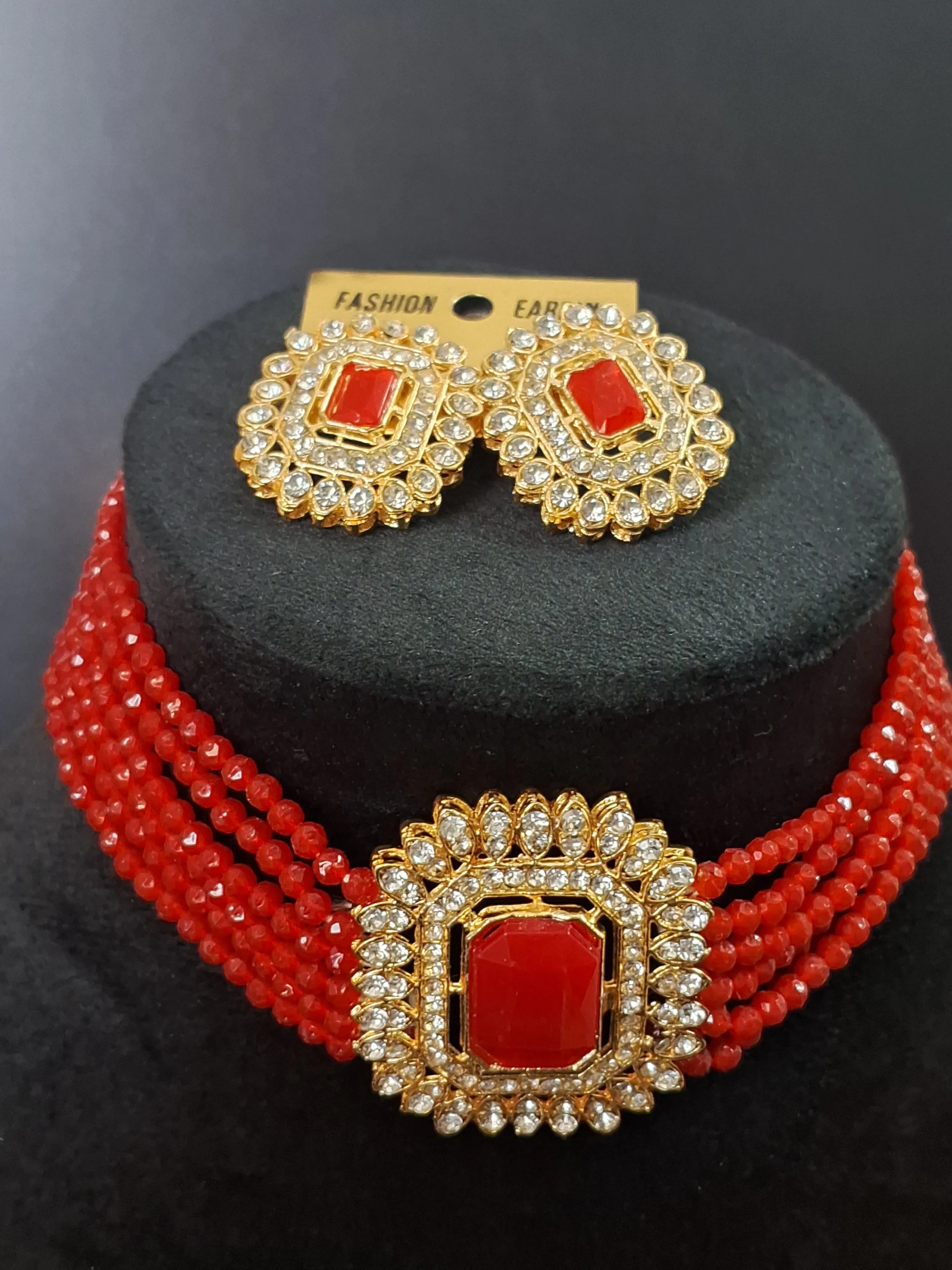 Red Colour Choker Necklace with Earring