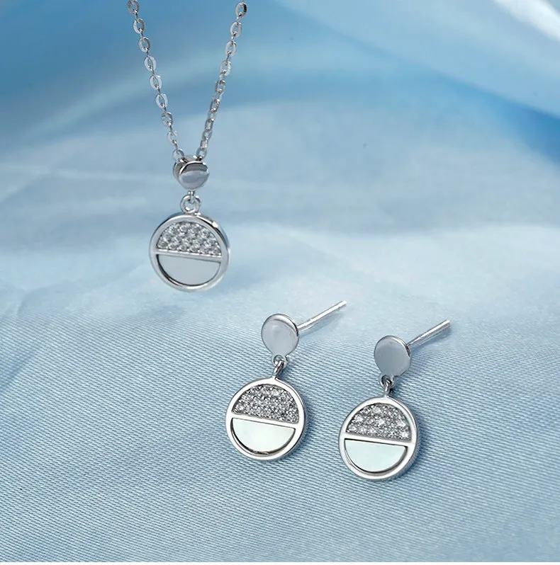 Round Disc Zircon Silver Necklace Earrings Set