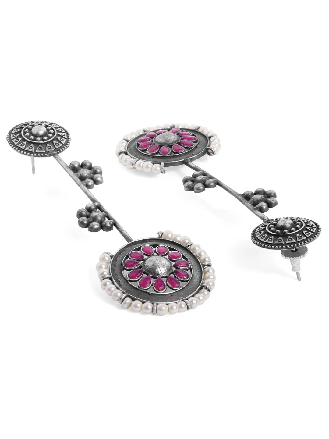 Rubans Oxidised Silver Plated Handcrafted Ruby Stone with White Pearls Drop Earrings
