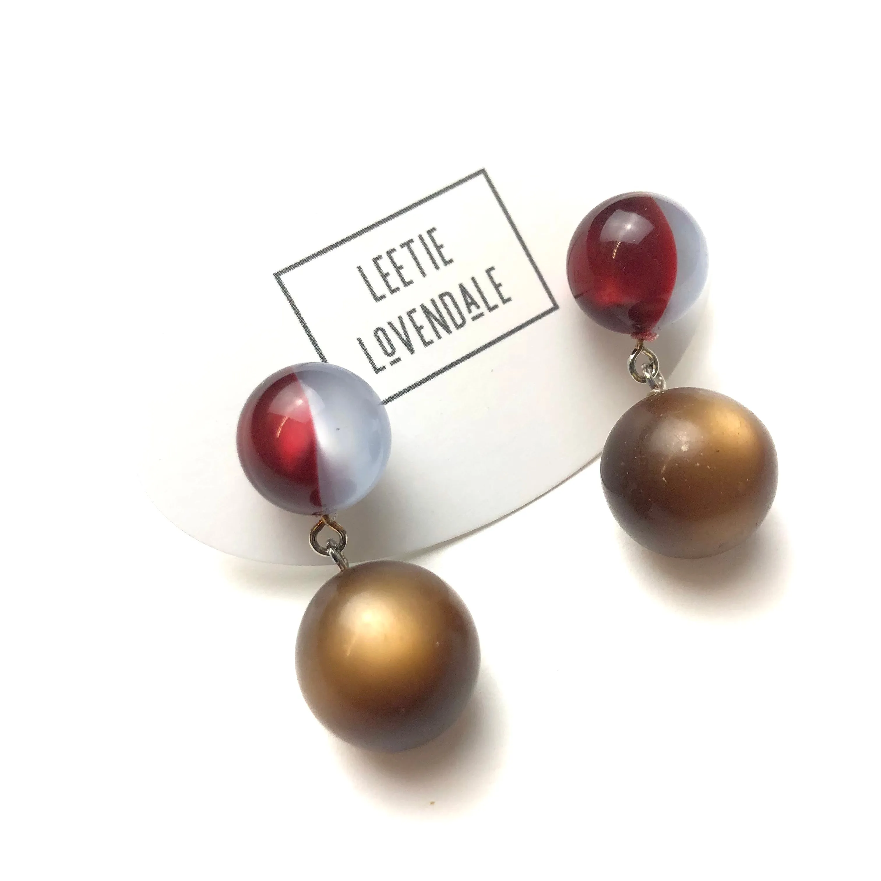Ruby and Grey Harlequin with Coffee Moonglow Lollipop Drop Earrings