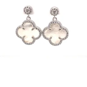 Sterling Silver Mother of Pearl and Cubic Zirconia Clover Dangle Earrings
