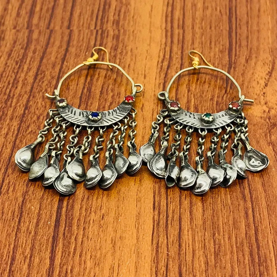 Vintage Silver Kuchi Earrings With Long Tassels