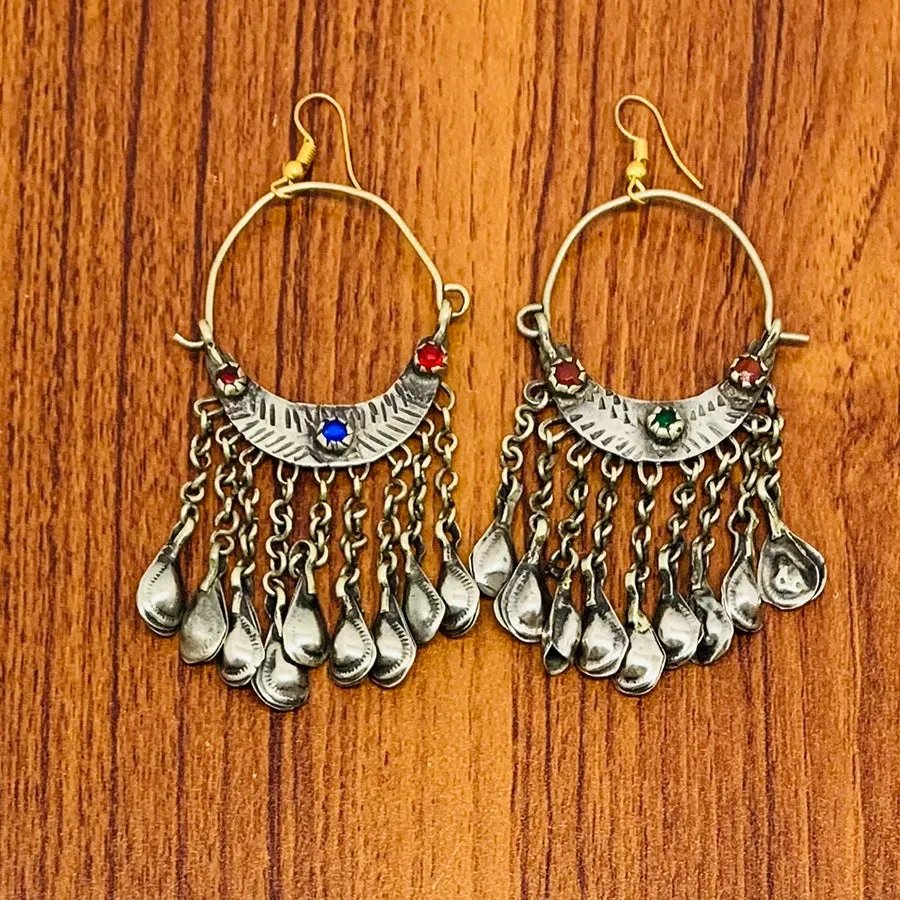 Vintage Silver Kuchi Earrings With Long Tassels